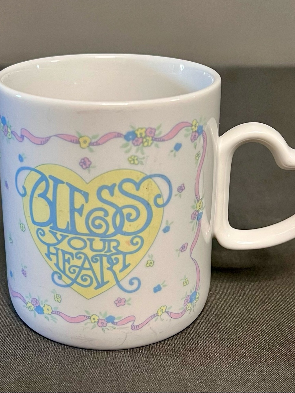 VTG 1993 Ceramic “Bless Your Heart” Coffee/Tea Mug W/ Heart Shaped Handle